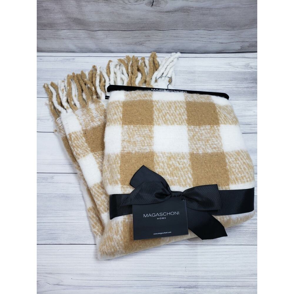 Magaschoni Home Throw Blanket 50"x60" Fringed Faux Mohair Plaid Brown & White